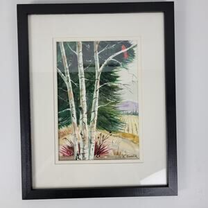 Genevieve K. Smolik Painting #941 Birches Cardinal Signed Hanging Framed Artwork
